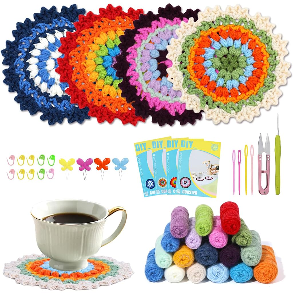 PATPAT DIY Crochet Kit Set of 4Pcs DIY Crocheting Coasters Material Kit Floral Crocheting Coasters Material Kit with Tutorials Starter Friendly Gift for DIY Lover Home Gift PATPAT DIY Crochet Kit Set of 4Pcs DIY Crocheting Coasters Material Kit Floral Crocheting Coasters Material Kit with Tutorials Starter Friendly Gift for DIY Lover Home Gift